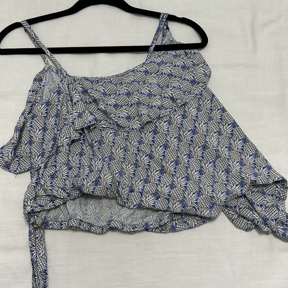 Maeve via Anthropologie Blue and white pattern, Wrapfront one shoulder top - Picture 4 of 5